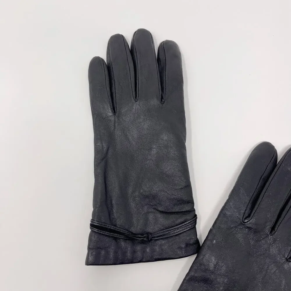 Isotoner Womens Leather Gloves Black Tie Knot